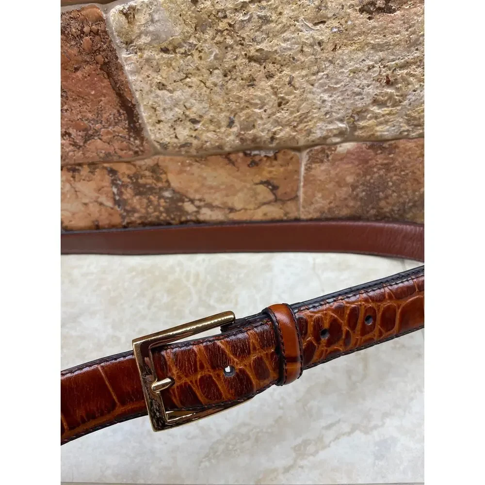 Jos A Bank Dress Belt Size 42 Leather Brown Croc Embossed Gold Tone Buckle